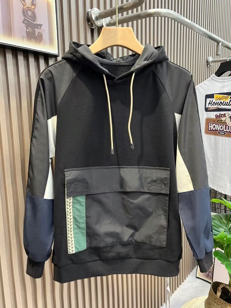 潮牌休闲连帽工装卫衣男春秋款韩版潮流时尚拼色口袋宽松套头上衣