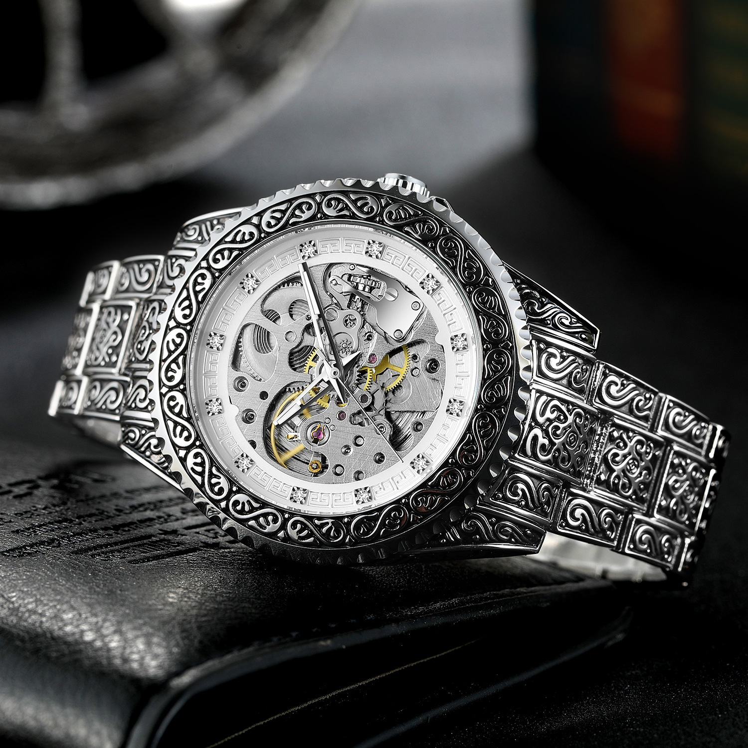 新款forsining 欧美风范男士时尚休闲镂空复古雕花 自动机械手表