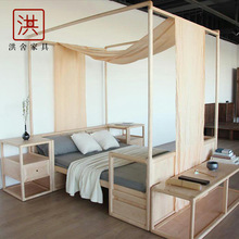 四柱架子床新中式禅意实木客房双人床简约四柱床民宿旅店原木家具