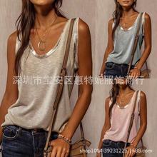 ebay2021夏新款女装欧美时尚反光拼接宽松大码欧美纯色圆领小背心