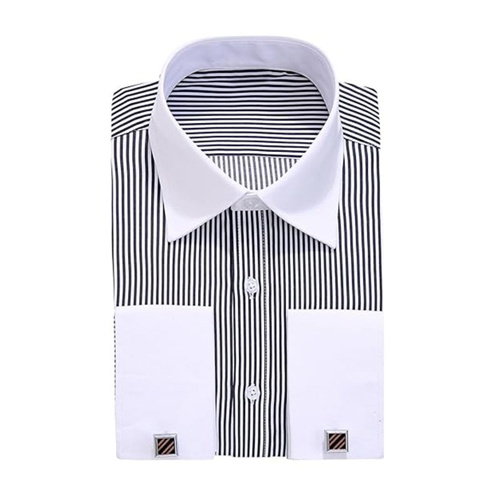 Foreign Trade Large Size Men's Spring Men's French Striped Long-Sleeved Shirt Men's Shirt Formal Dress Groom Best Man with Cufflinks