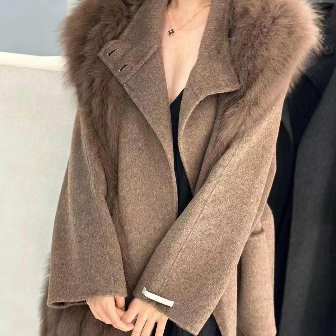 2023年秋冬新款狐狸毛领皮草纯羊毛大衣长款毛毛可拆卸中长款