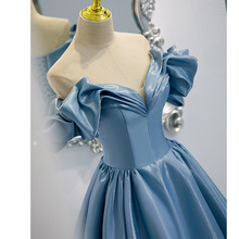 晚礼服长裙女2024新款蓝色缎面长款法式一字肩主持人气质演出服