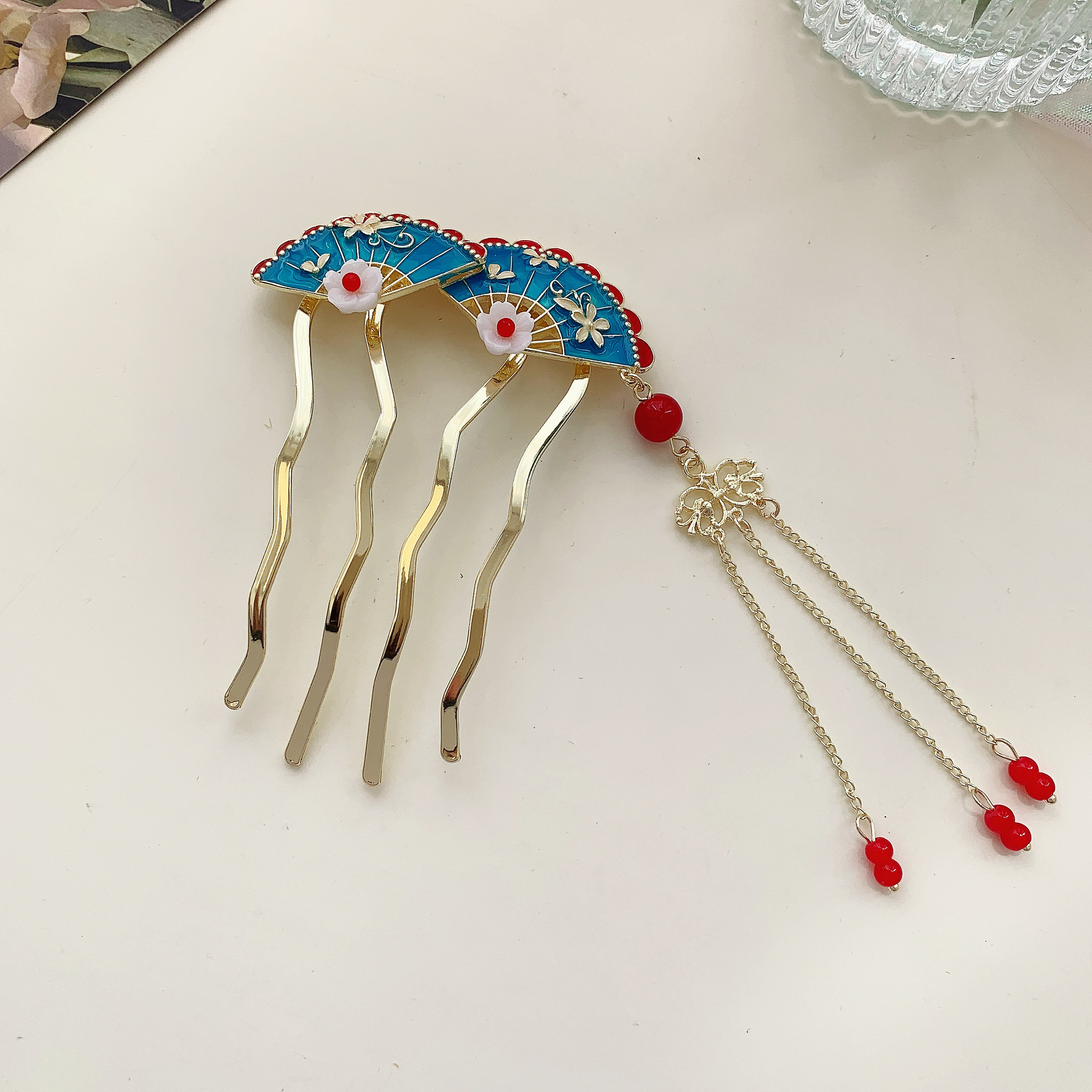 古风汉服头饰配饰复古蓝蝴蝶流苏发钗扇形小众设计感发饰簪子发夹