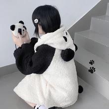 日系软妹风羊羔冬季可爱熊猫外套加绒加厚女学院风宽松连帽上衣潮