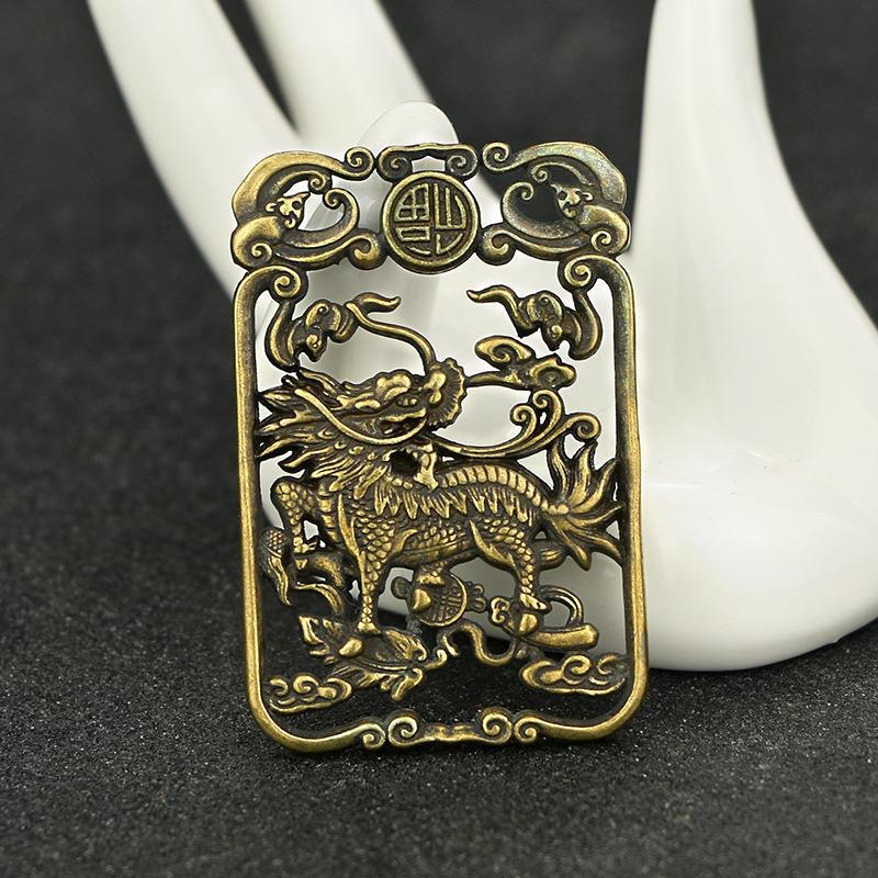 黄铜双面雕麒麟福牌挂件仿古瑞兽铜牌钥匙扣小铜器小礼品现货批发