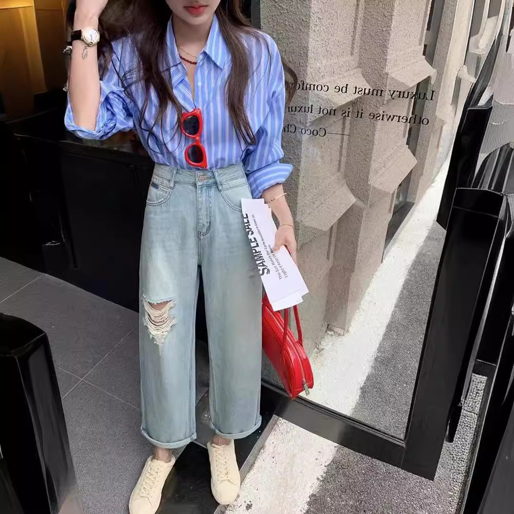 浅色破洞直筒哈伦牛仔裤女夏高腰薄款2024新款宽松显瘦老爹男友裤