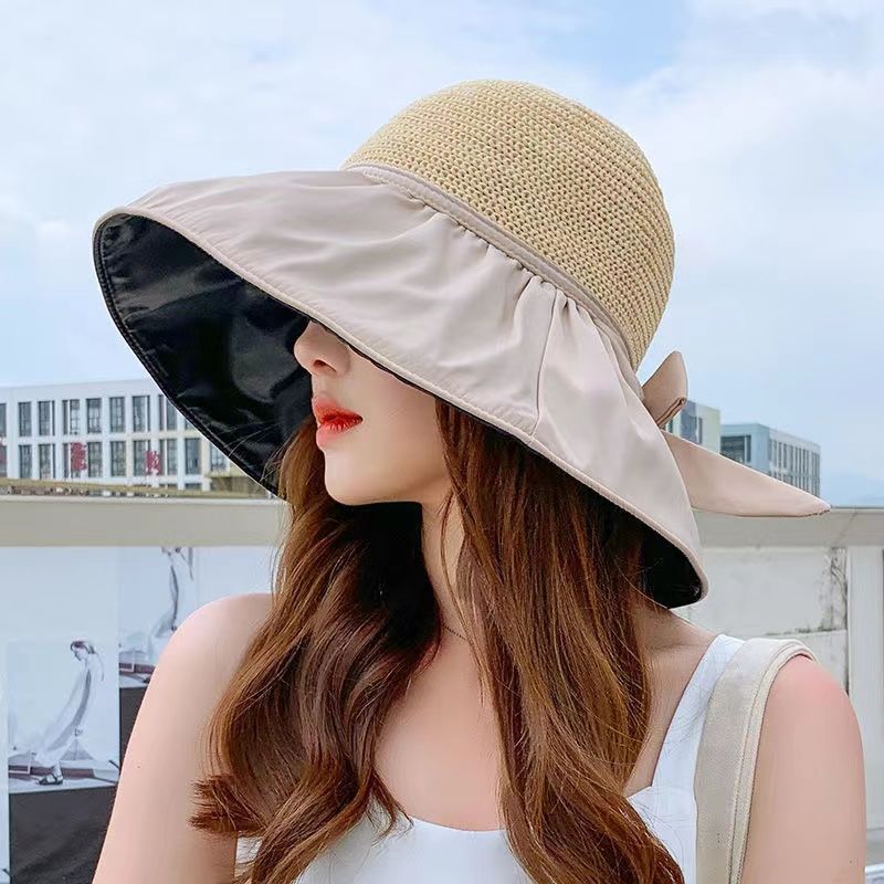 Summer Sun Protection Vinyl Bow Sunhat Women's Japanese and Korean Hat UV Protection Big Brim Face-Covering Sun Topless Hat