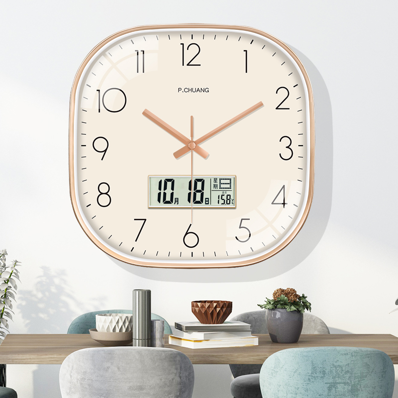 2toe免打孔简约万年历挂钟客厅家用方形时钟挂墙静音卧室钟表大气