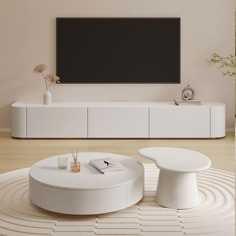 意式极简奶油风茶几电视柜组合现代简约诧寂风实木纯白茶几电视柜