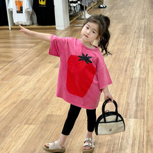 2024夏季新款童装 韩版童装 女童做旧炒砂大版T恤  草莓印花短袖T