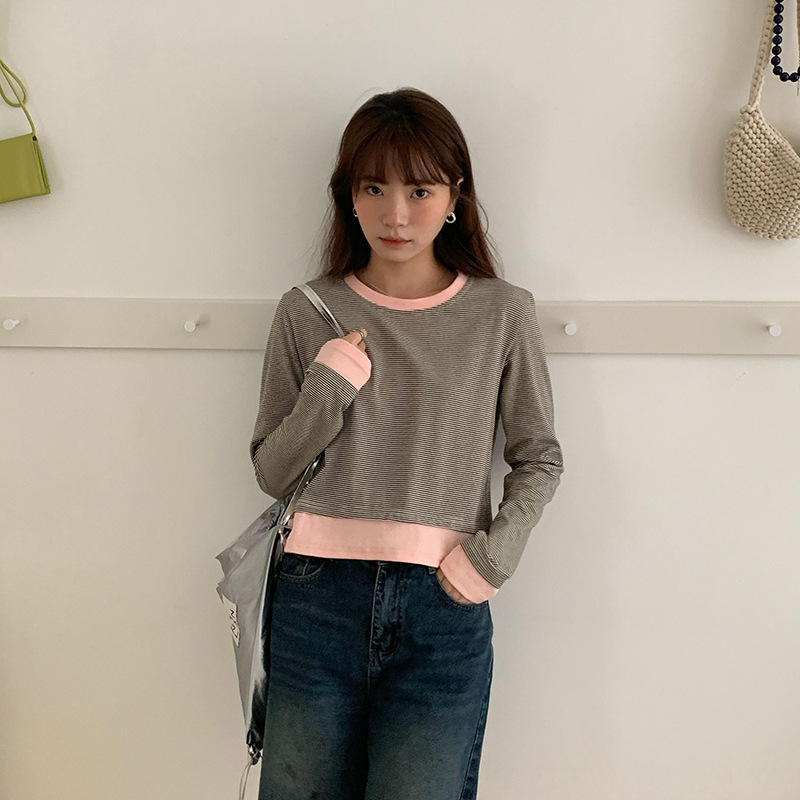 【现货特价 不退不换】撞色拼接条纹圆领长袖短款t恤女宽松上衣