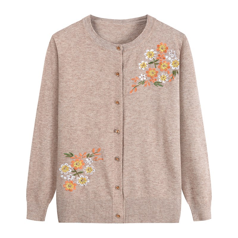 Middle-Aged Mom Spring and Autumn Wear Grandma Sweater Old Lady Sweater Western Style Embroidered round Neck Small Cardigan Coat Top