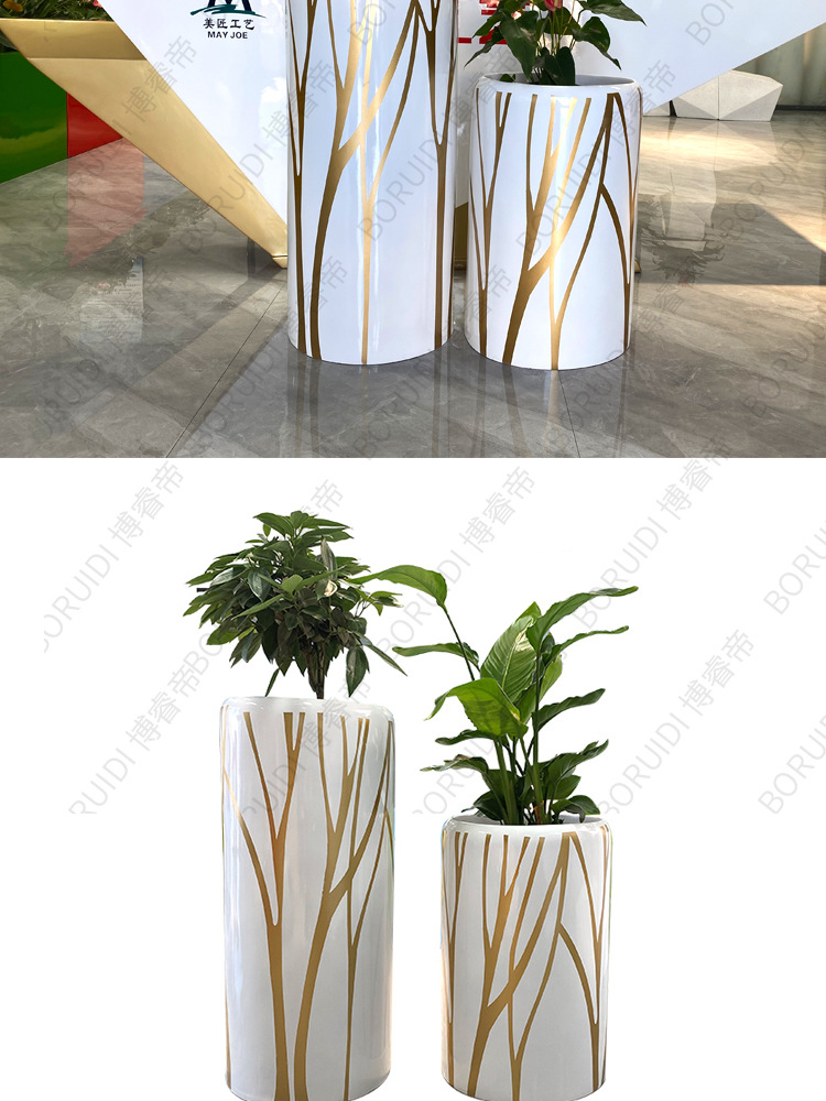 玻璃钢圆柱彩绘纹路花盆商场酒店会所圆形组合线体美陈绿植花器