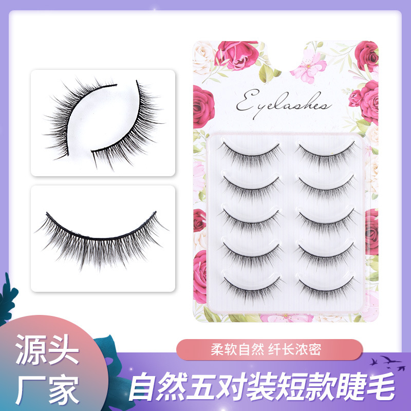 Natural Short Five Pairs Pack Eyelash Black Stem Slim Model Little Devil Eyelashes 3D Eyelash Set Wholesale