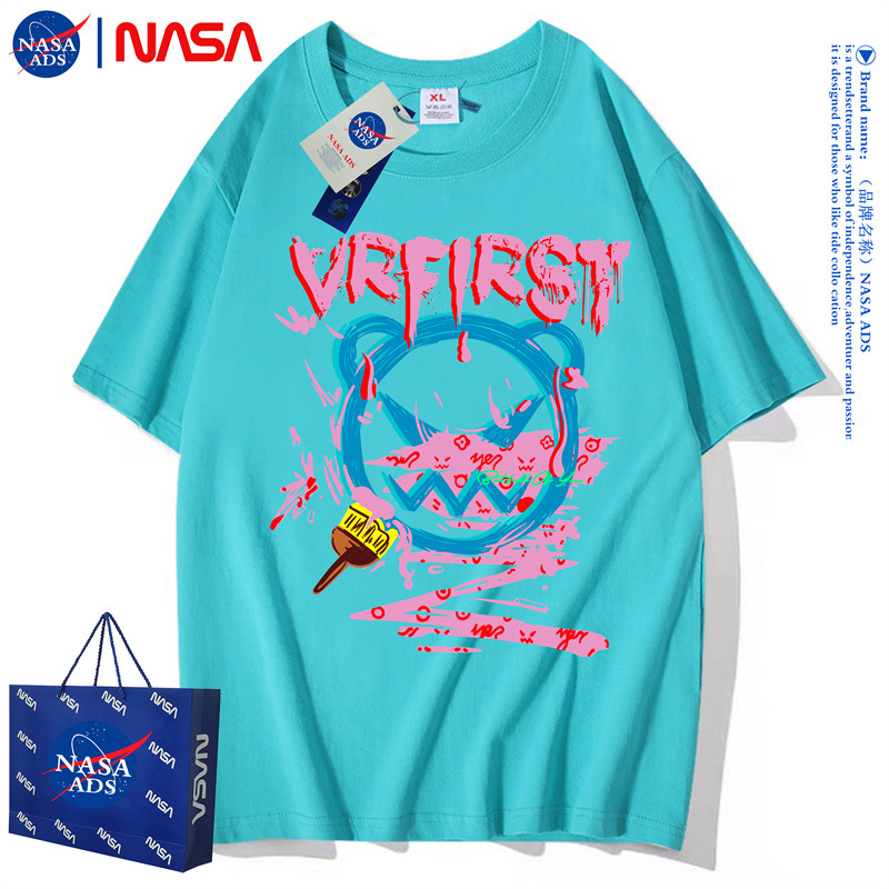 NASA Joint Name Hip Hop Fried Street Pure Cotton Black T-shirt Female Summer New Panda Graffiti Printing Short Sleeve Men