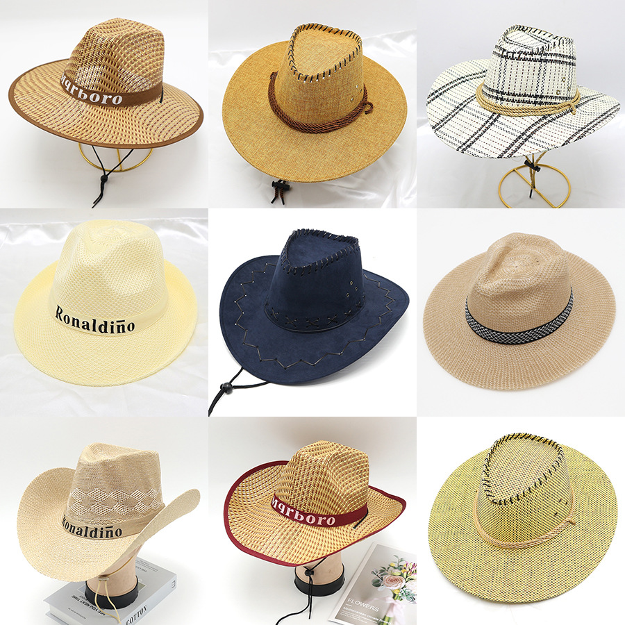 straw hat men‘s summer outdoor fishing flat brim big brim sun-proof sun protection seaside beach western cowboy hat sun hat
