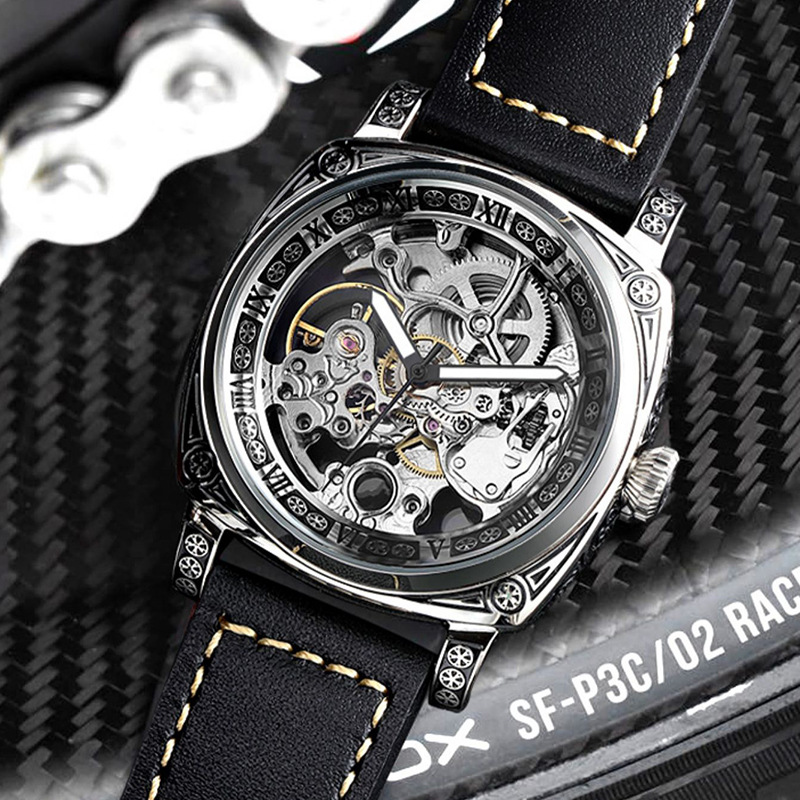 pallyjane帕丽杰克新款手表男全自动镂空机械表雕花透底