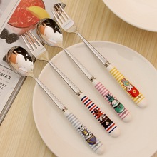 创意可爱不锈钢长柄勺叉子泡面叉公勺公叉日本韩国餐具外贸尾单批