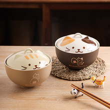 日式创意陶瓷汤碗可爱卡通动物带盖小猫碗家用釉下彩泡面碗饭碗