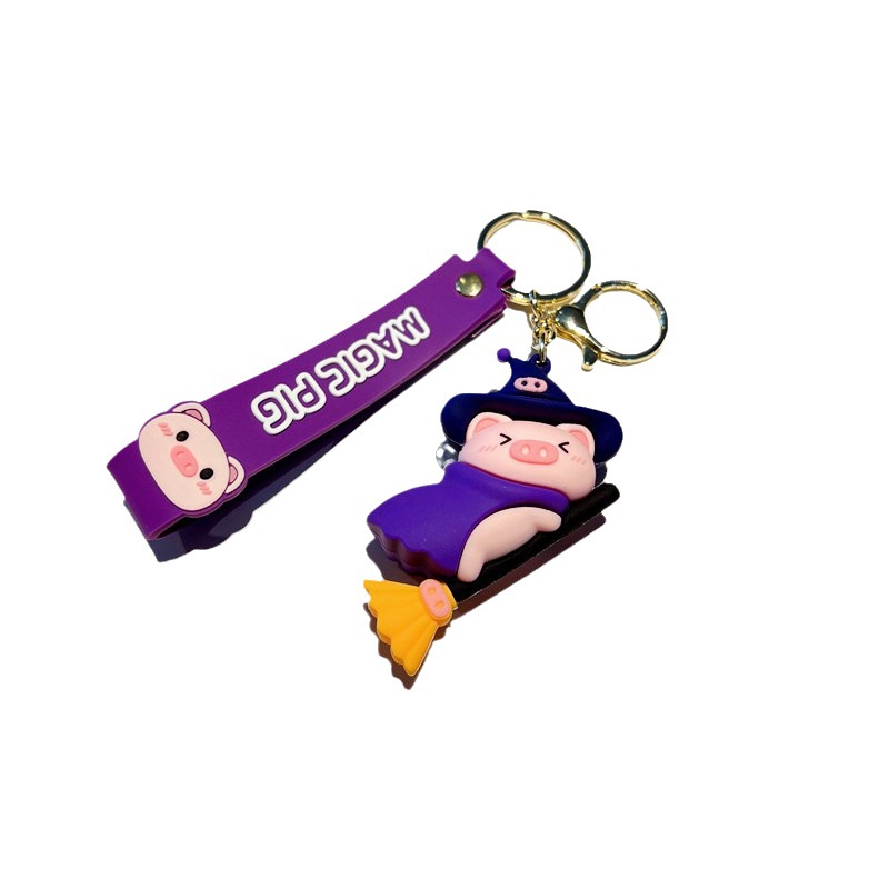 Creative Genuine Magic Pig Keychain Cute Magic Pig Riding Broom Pig Key Chain Men's and Women's Handbags Pendant Wholesale