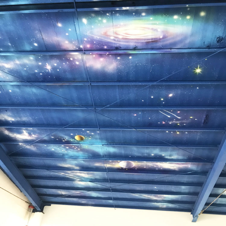 商场天顶星空彩绘学校天花板蓝天白云壁画公司墙绘装修设计墙画