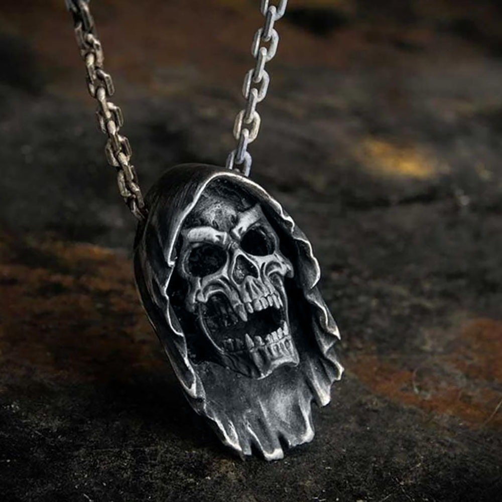 聚购饰品  跨境电商 新款亚马逊wish热卖复古银死神骷髅机车项链