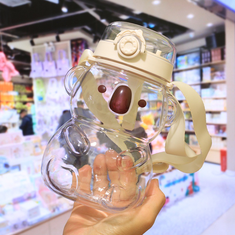 萌熊双饮吸管大肚杯网红卡通高颜值太空杯便携提手背带儿童饮水杯