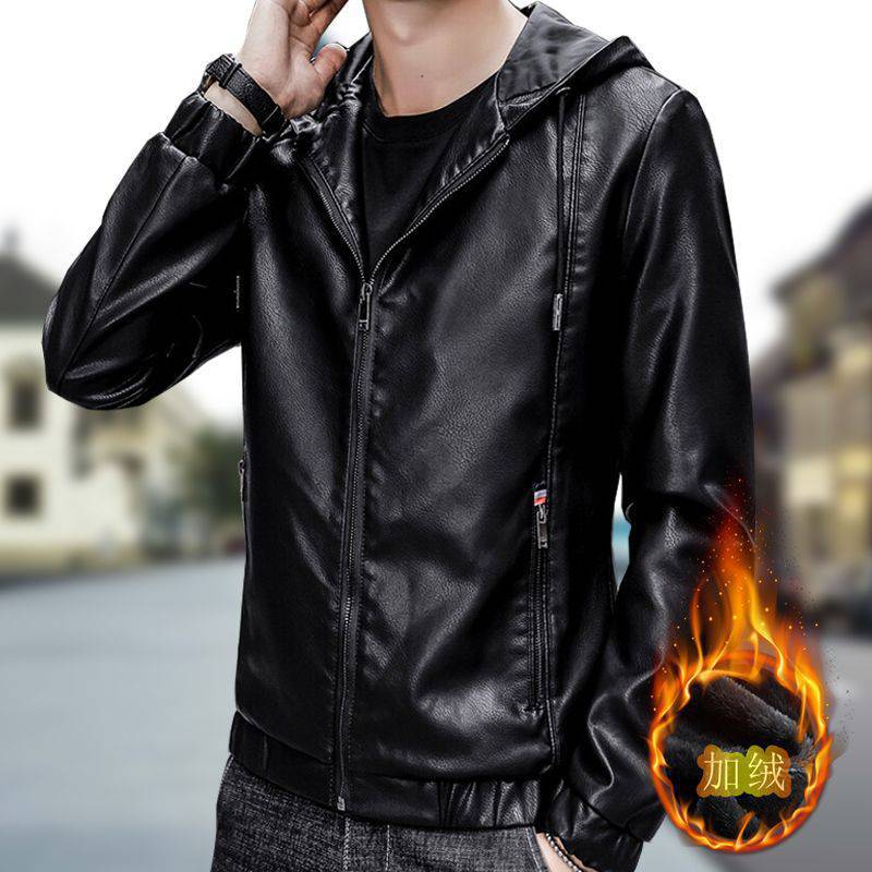 春季休闲皮衣男士修身连帽薄款皮外套加绒皮夹克装时尚潮流-阿里巴巴