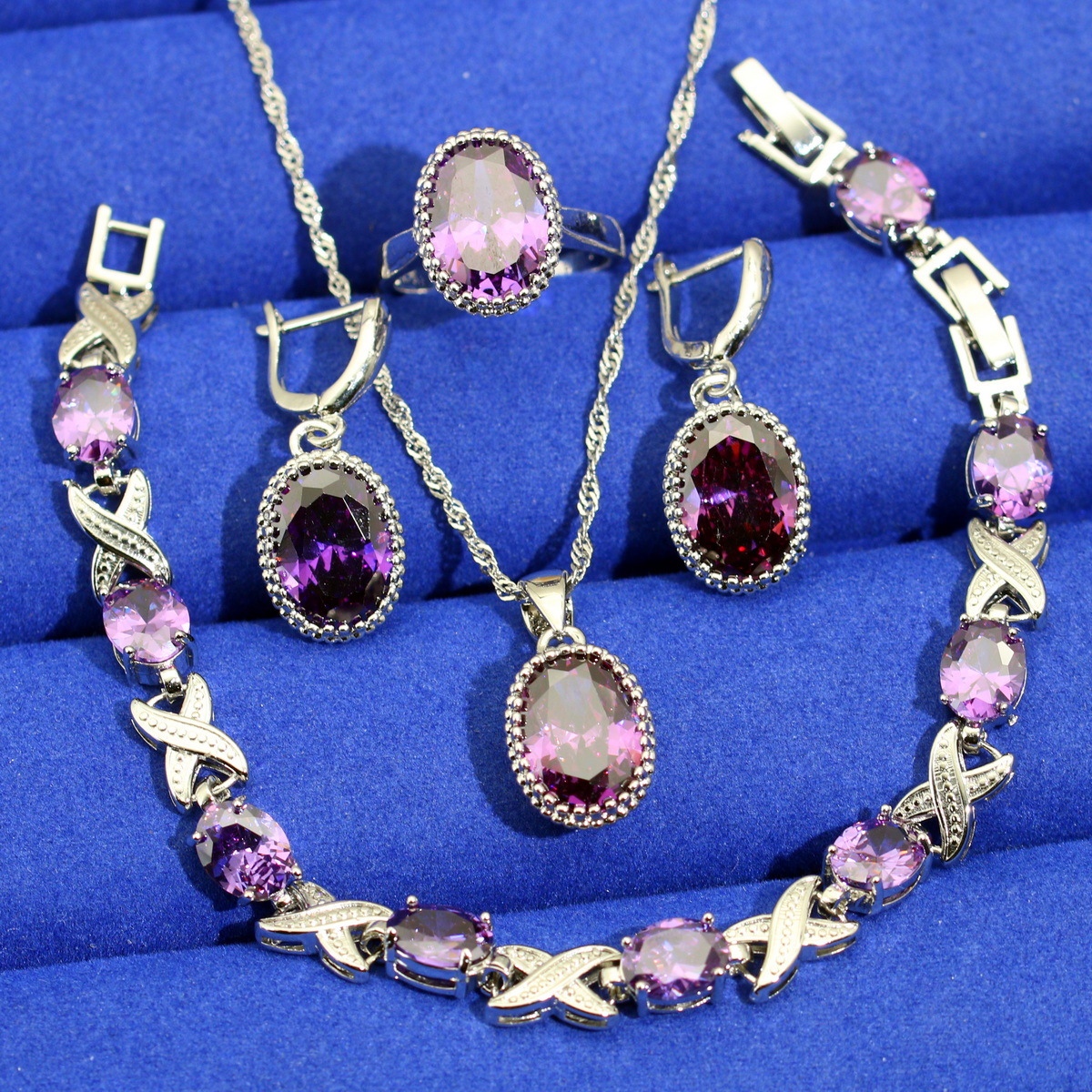 欧美晚宴婚礼套饰时尚耳环戒指项链手链四件套 aaa锆石首饰套装