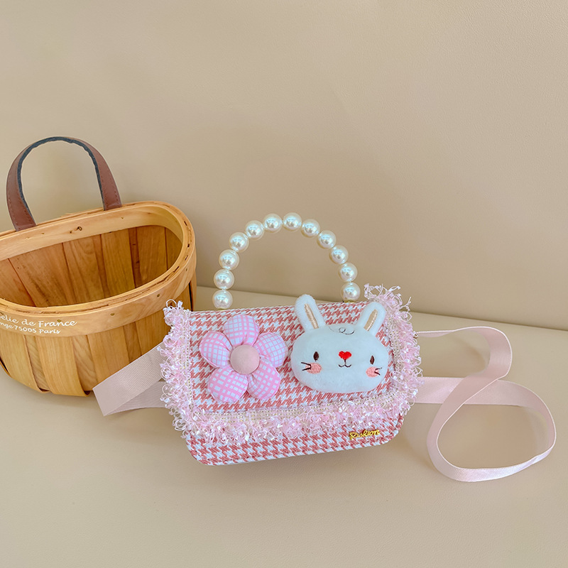 Fashion Children's Trendy Bags Women's Plaid Pearl Tote Cute Cartoon Rabbit Shoulder Bag Crossbody Small Square Bag