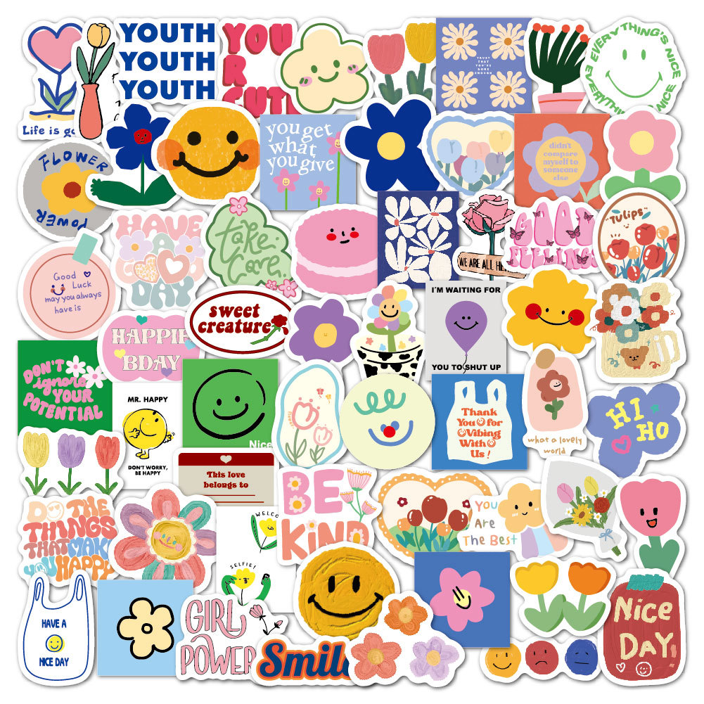 花朵贴纸60张卡通简约郁金香小花ins水杯笔记本行李箱笑脸贴纸