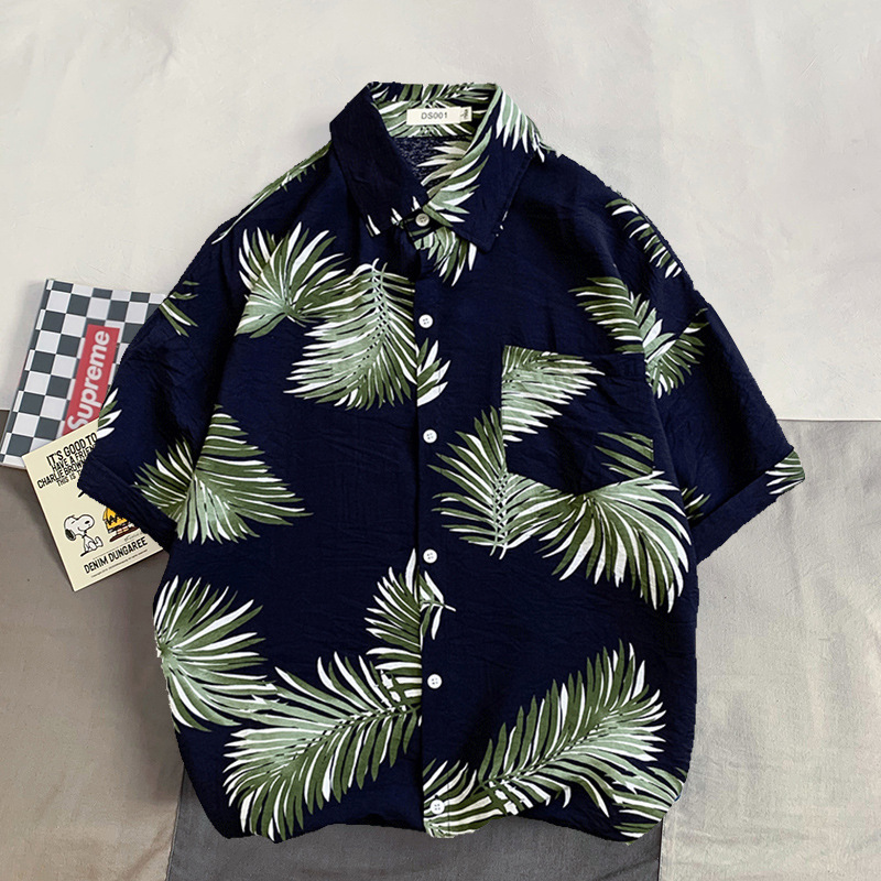 Hawaii Printed Shirt Men's Short Sleeve Loose Large Size Beach Shirt Vintage Hong Kong Style Retro Trendy Ruan Handsome Coat Men