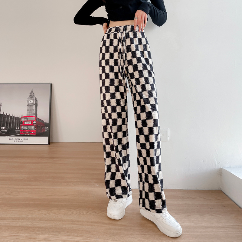 格子裤女春秋设计感小众2022新款棋盘格高腰显瘦垂感阔腿托地长裤