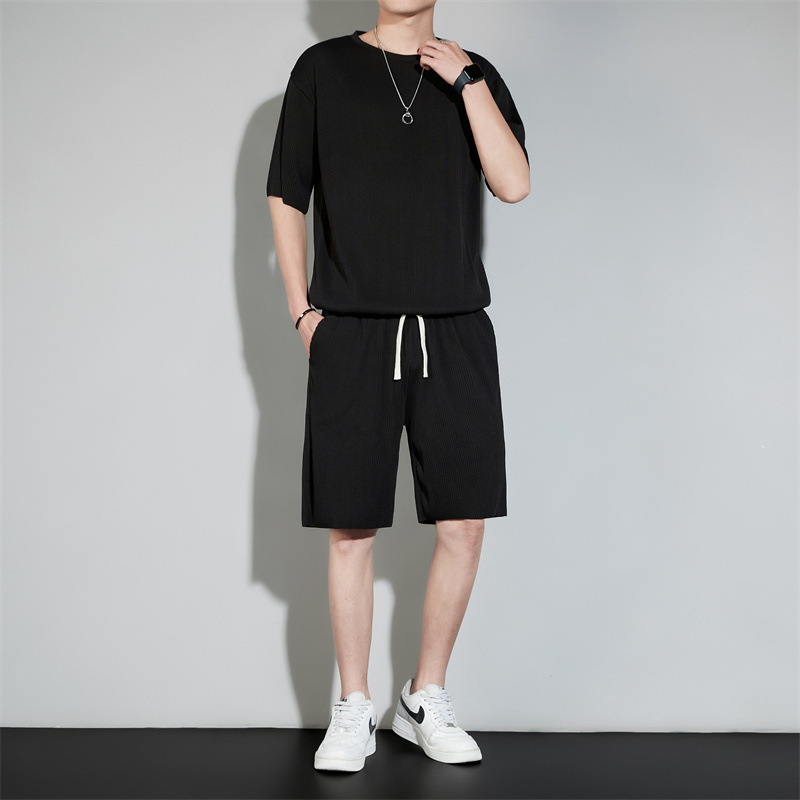 Trendy Sports Suit Men's Summer Light Business Men's Short-Sleeved Casual Suit Ice Silk Quick-Drying Thin Shorts Suit Men