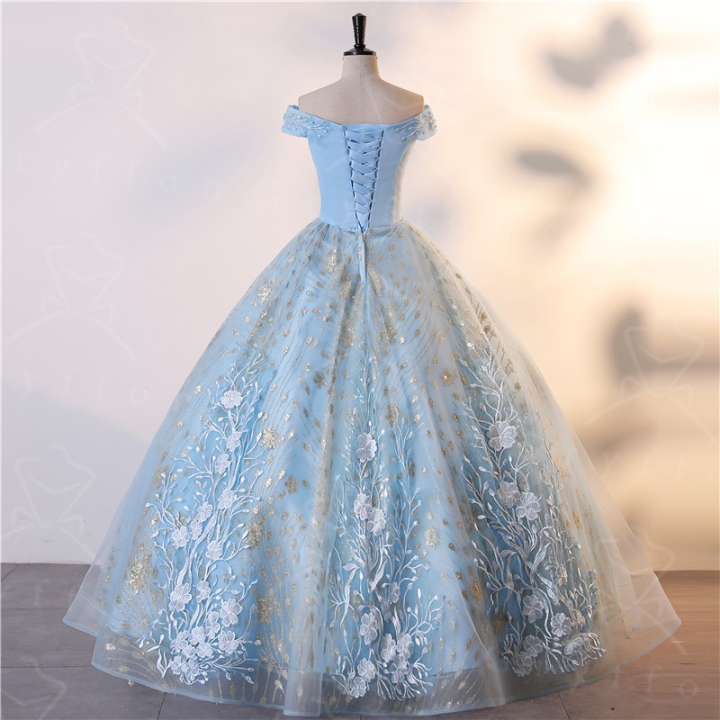 Foreign Trade Light Blue Adult Ceremony Princess Dress Lace Ball Pettiskirt Gown Shiny Sequined Ball Gown