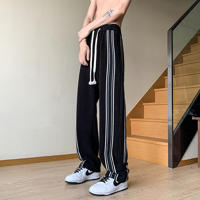   Black and White Striped Pants Men's Spring American High Street Drooping Straight Sports Pants Fashion Brand oose Wide eg Casual Trousers