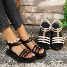 夏外贸大码女鞋 厚底松糕平底罗马凉鞋 纯色一字套脚时尚Sandals