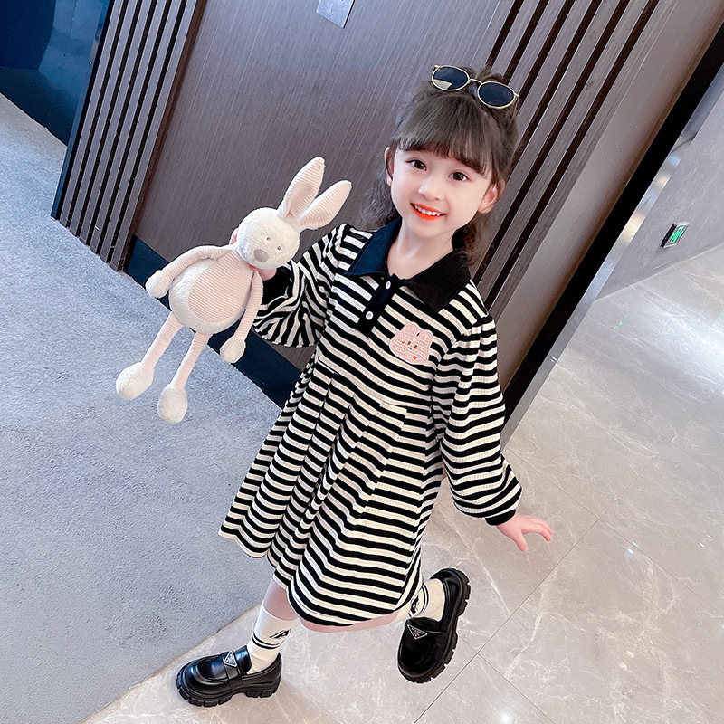 Girls' Skirt 2023 Spring New Korean Style Preppy Style Fashionable Cartoon Striped Long Sleeve Baby Girl Dress