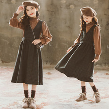 新款女童立领套装2024春新款韩版女大童格子连衣裙加绒洋气背带裙