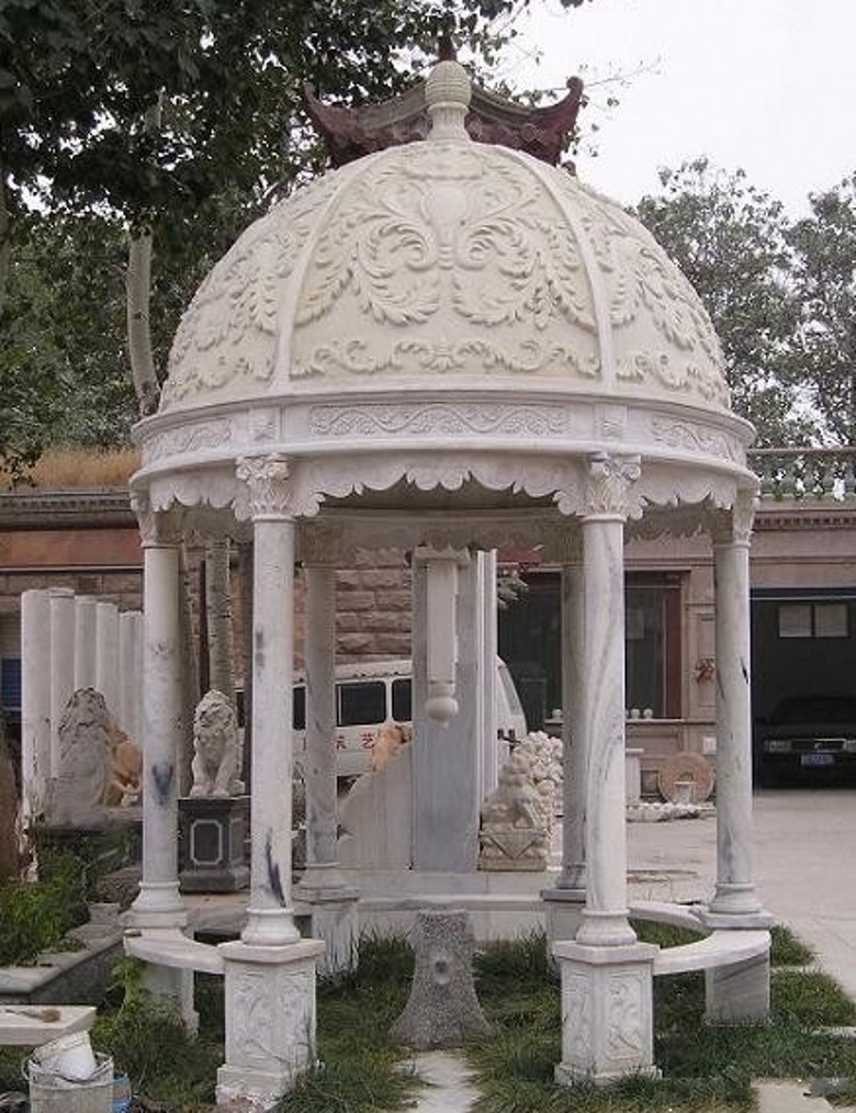 花岗岩欧式铁艺凉亭 汉白玉双层亭子 别墅庭院欧式凉亭 石亭子