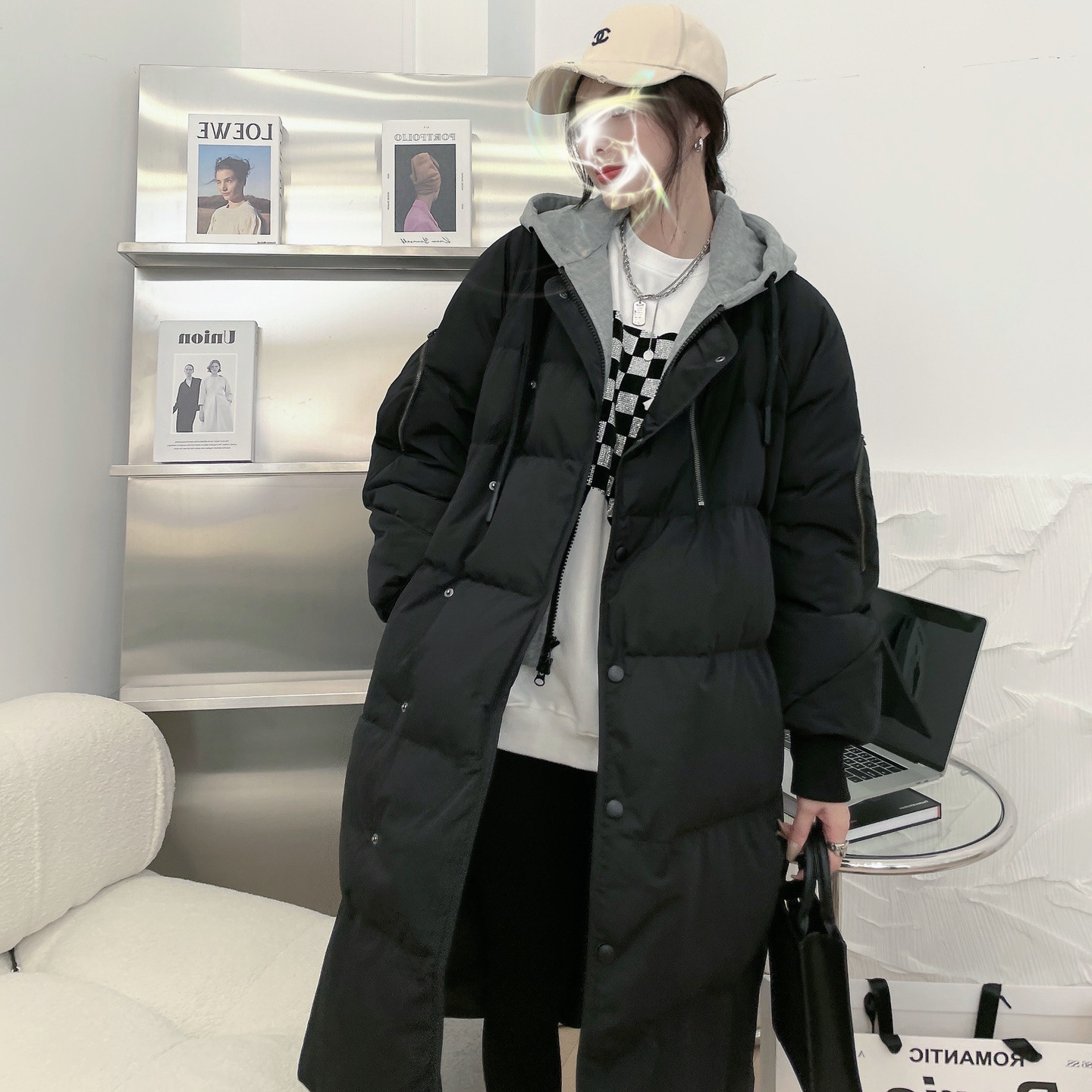 两穿可脱卸连帽~ 90白鸭绒撞色假两件外套 长款宽松卫衣帽羽绒服