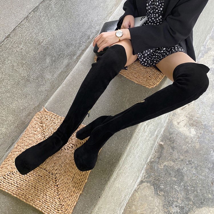 秋冬新款高筒靴弹力靴圆头粗跟防水台恨天高过膝长靴黑色女鞋