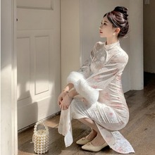 性感新中式毛袖复古丝绒旗袍女秋冬设计感气质御姐修身包臀连衣裙