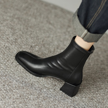 清仓4.5CM 巨软羊皮短靴女靴子秋季新款短筒瘦瘦靴粗跟女式皮靴