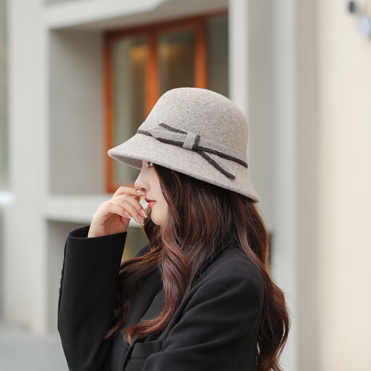 Solid Color Wool Bow Sun Hat Bucket Hat New Autumn and Winter Korean Style Face-Looking Small Plush Warm Women's Hat