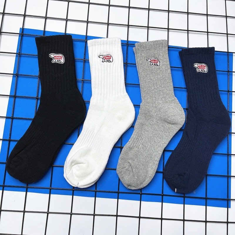 潮牌北极熊刺绣卡通图案日系男女中筒袜纯棉毛巾底加厚运动袜子