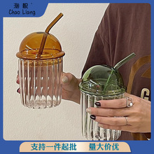 简约条纹玻璃吸管杯ins风可爱带盖果汁气泡水杯耐热咖啡杯啵啵杯