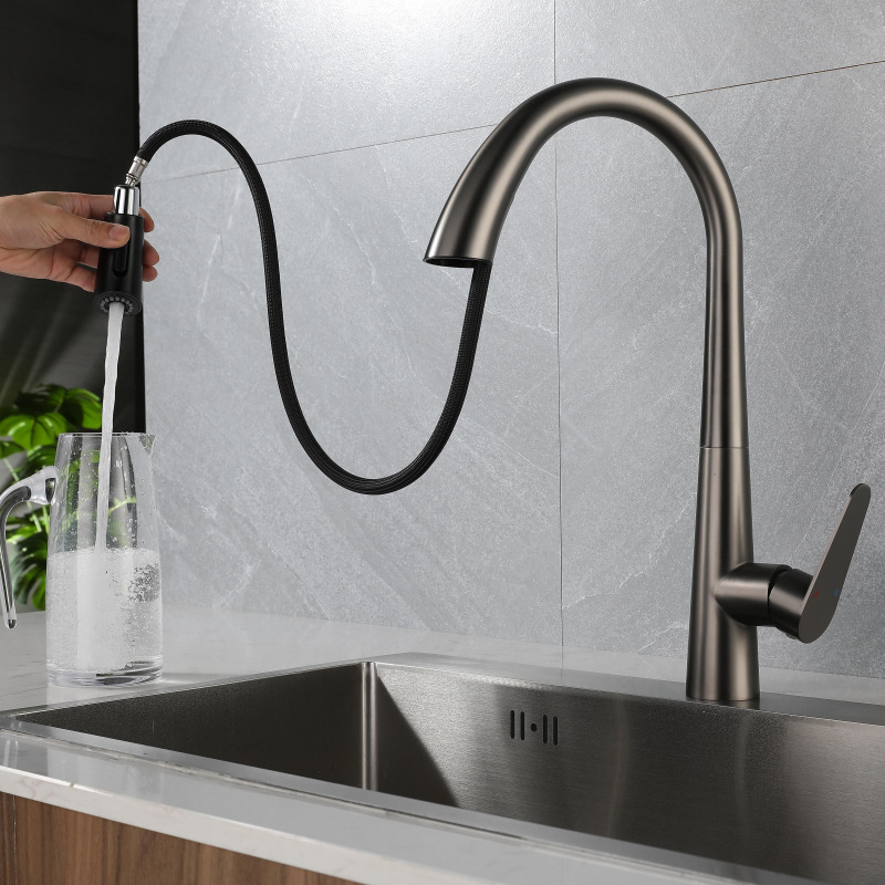 with Swan Foreign Trade Gun Gray Pull Hot and Cold Water Faucet Kitchen Hidden Pullout Faucet 304 Stainless Steel Cross-Border Wholesale