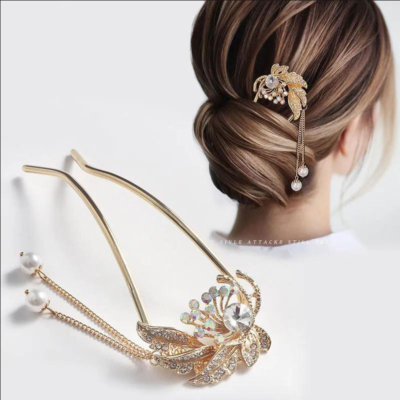 盘发神器流苏发簪古风优雅现代头饰珍珠发夹后脑勺发卡女时尚簪子